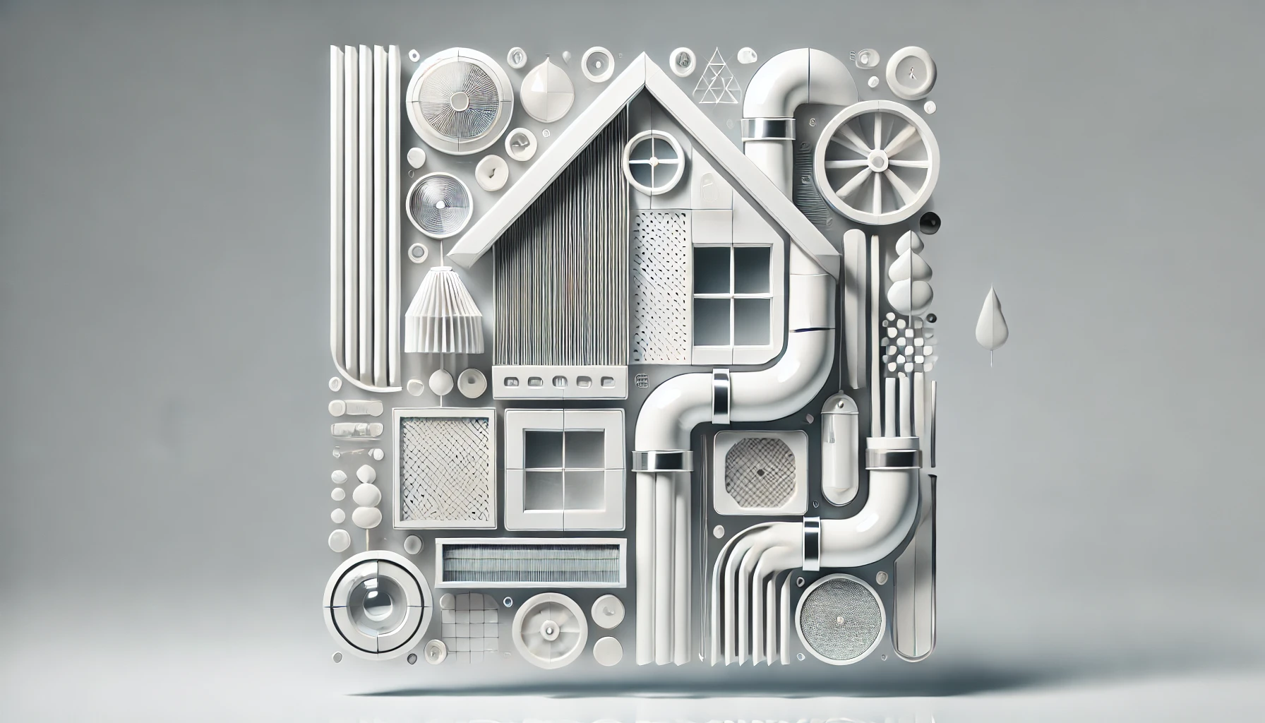 Symbolizing airflow, filtration, and a house on a glossy white background.