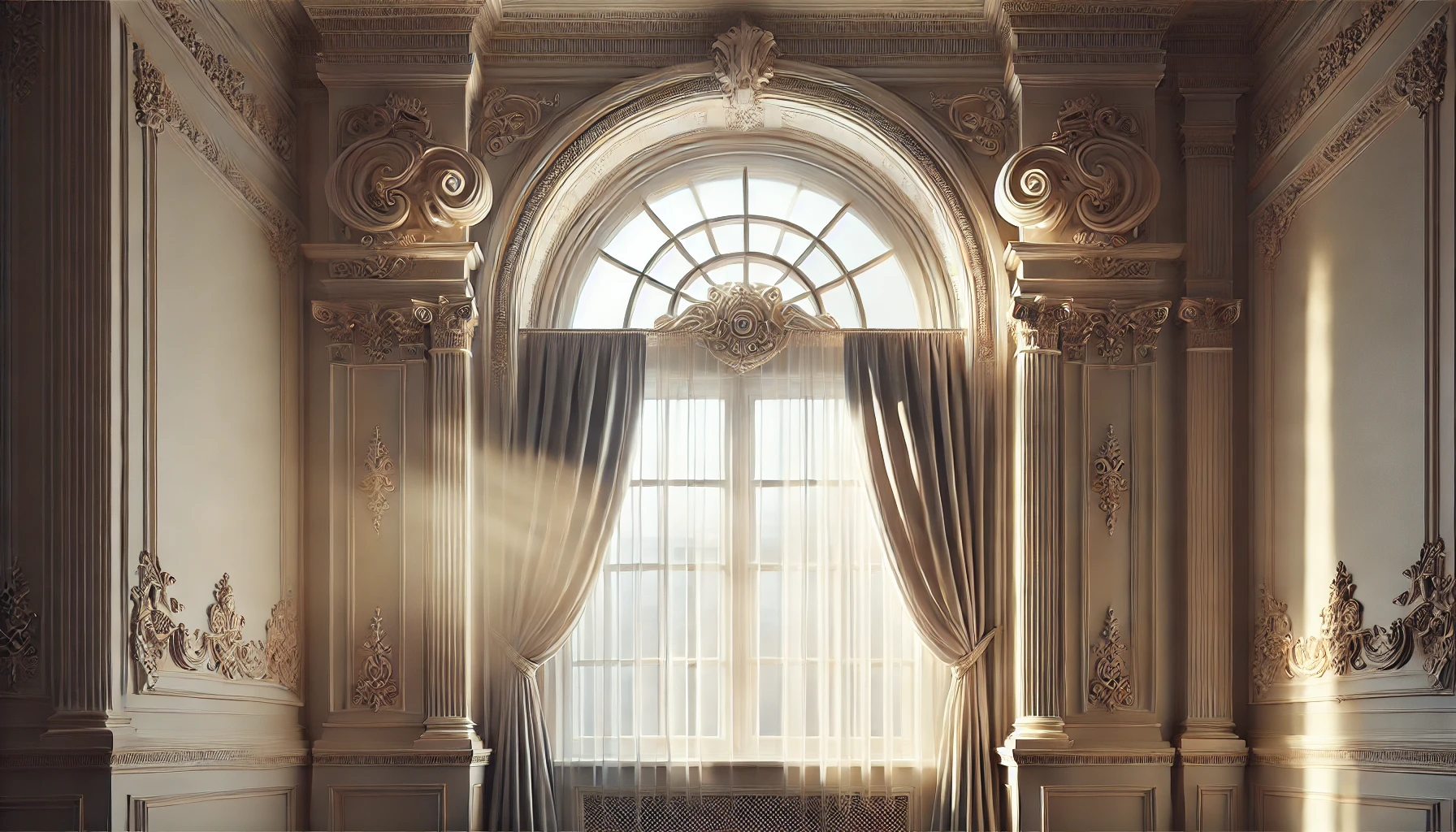 Close-up of an ornate arched window with decorative moldings and elegant drapery in a neoclassical interior.
