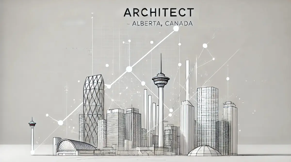 Illustrating architect salaries in Calgary, Alberta, with abstract financial elements and a precise sketch of the city skyline.