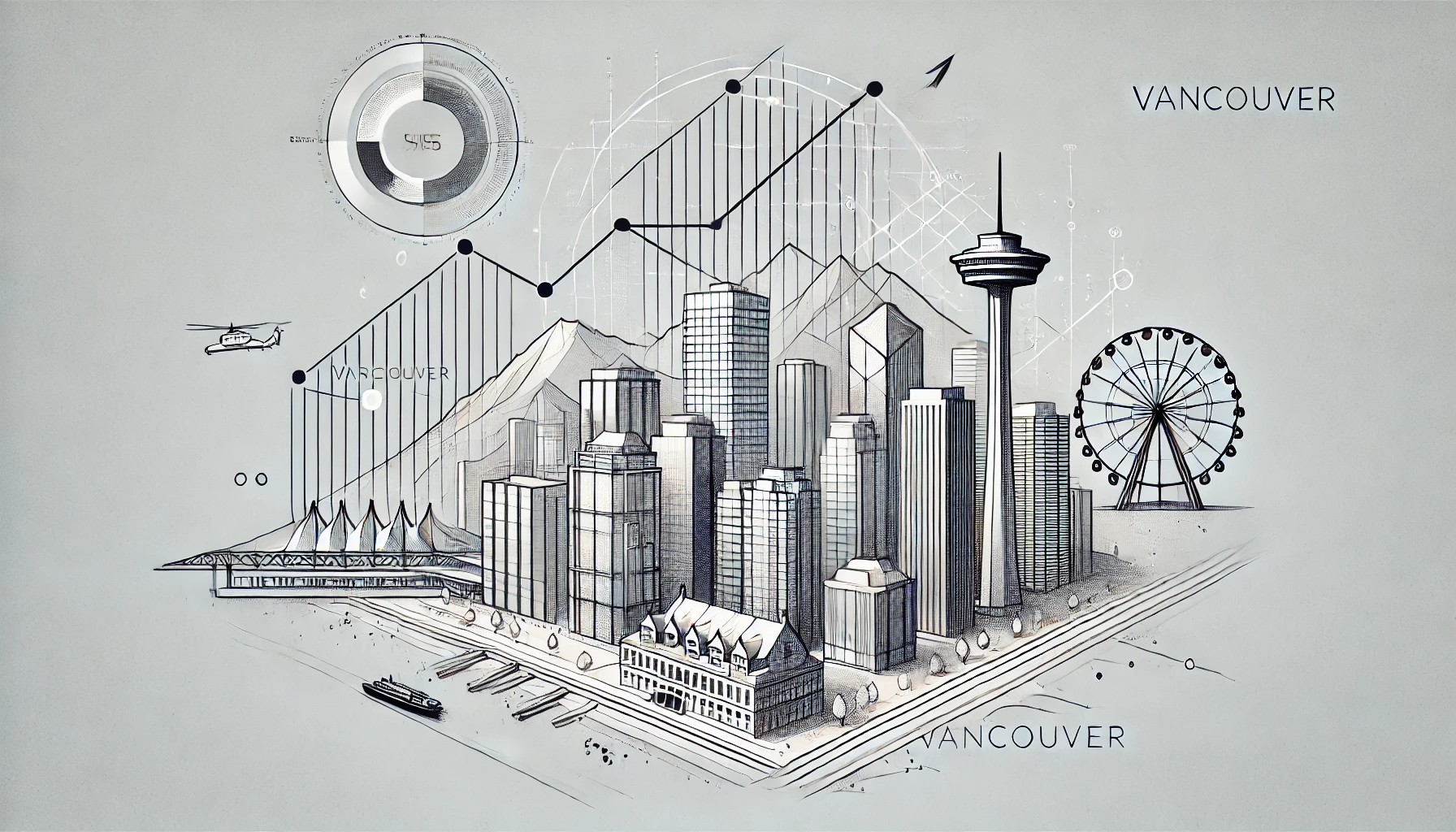 Depiction of architect salaries in Vancouver with abstract financial elements and a simple sketch of the city skyline.