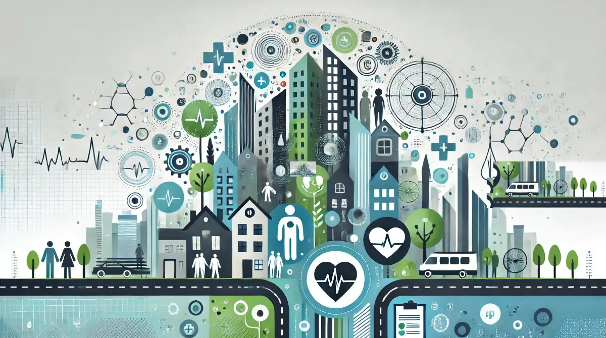 Showing urban elements like buildings and roads, with symbols of community and health connections.