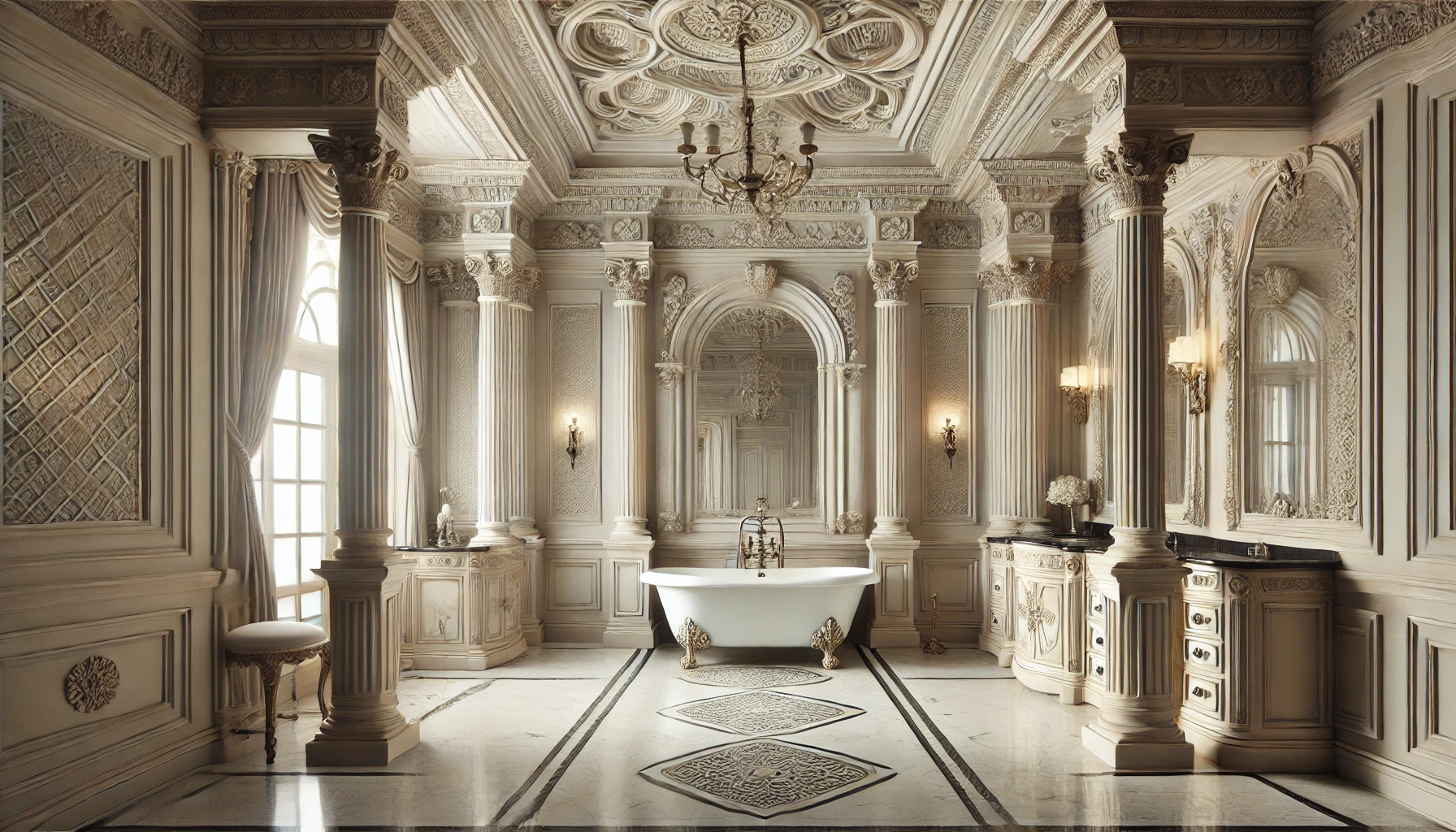 A classical bathroom with fluted columns, a clawfoot bathtub, marble flooring, and arched windows.
