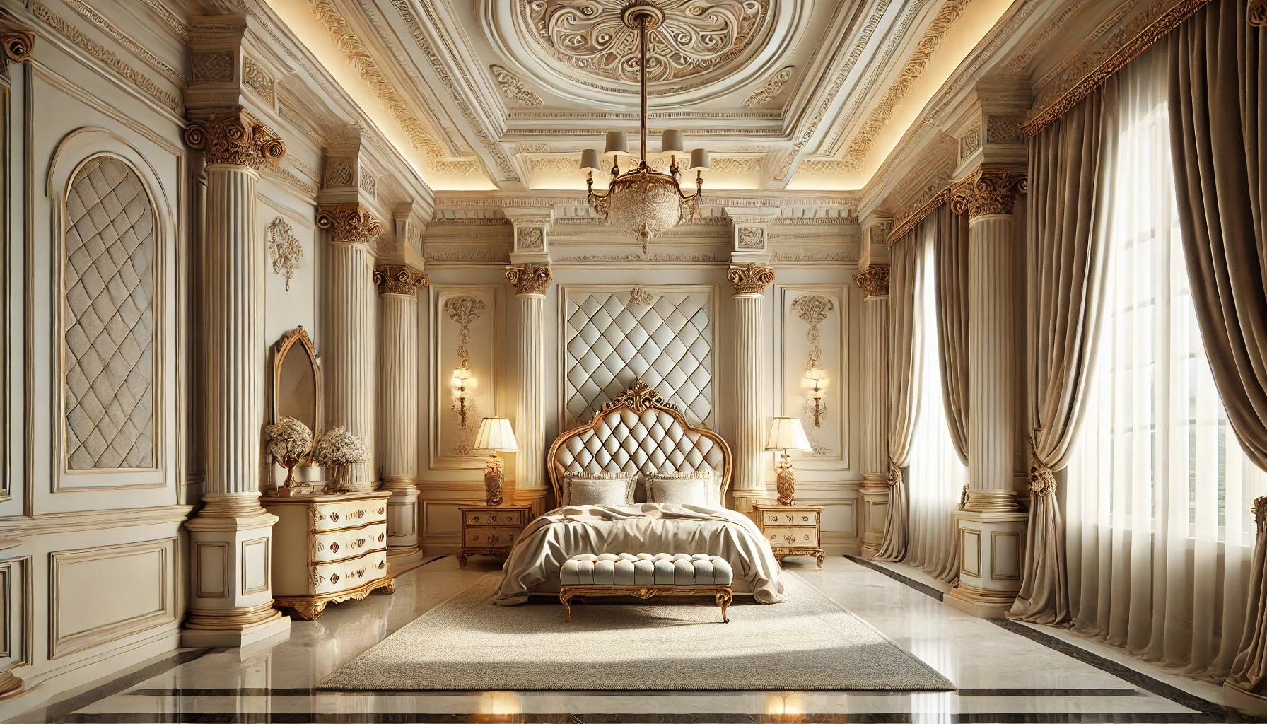 Classical bedroom with fluted columns, tufted bed, ornate moldings, coffered ceiling, and arched windows.