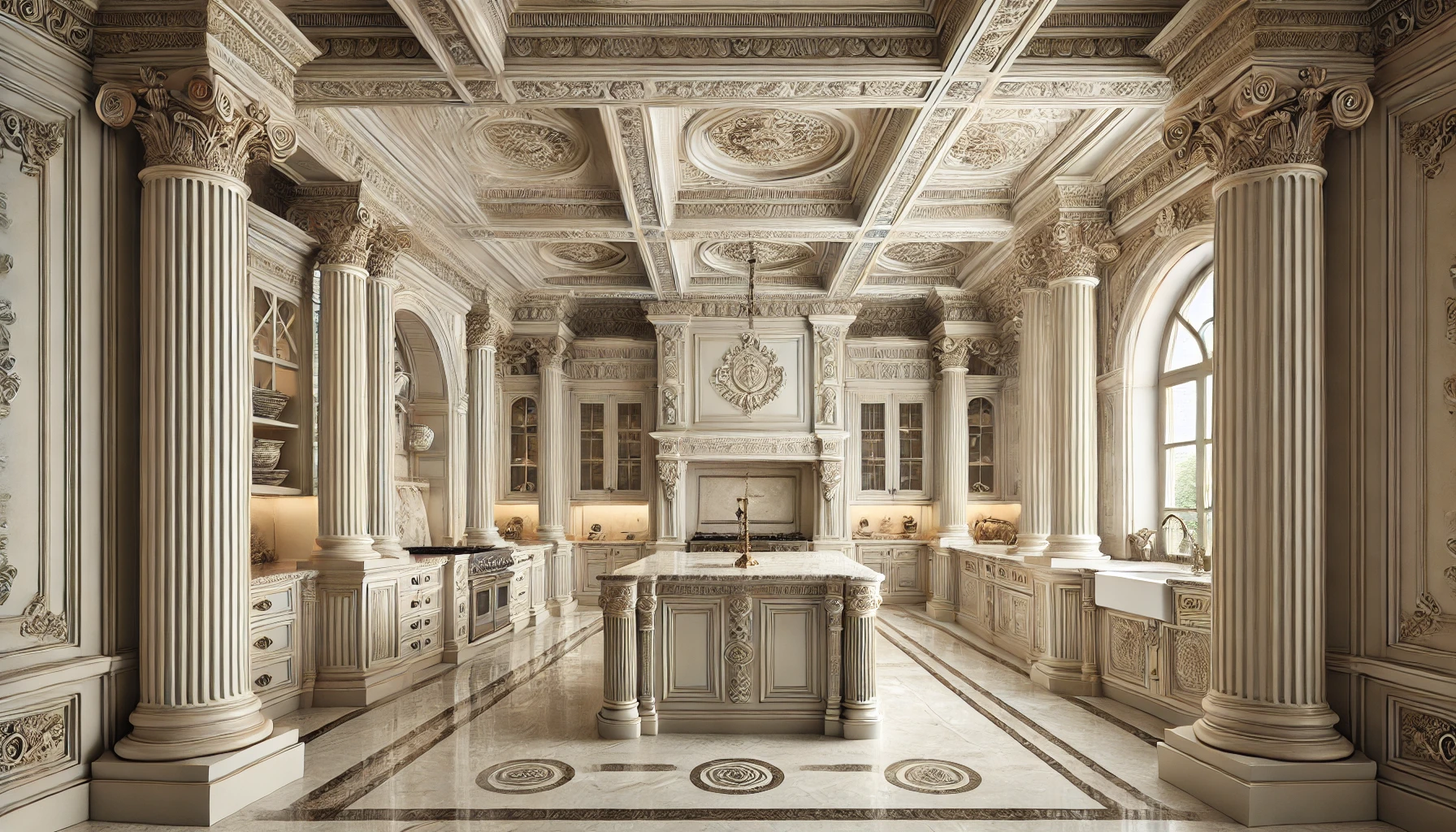  Classical kitchen with fluted columns, marble countertop island, ornate crown moldings, and arched windows.