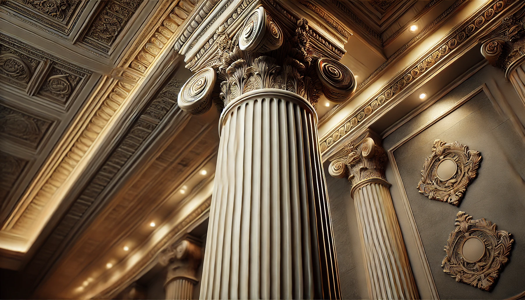 Close-up of a Corinthian column with intricate fluted detailing and an ornate capital in a neoclassical interior.