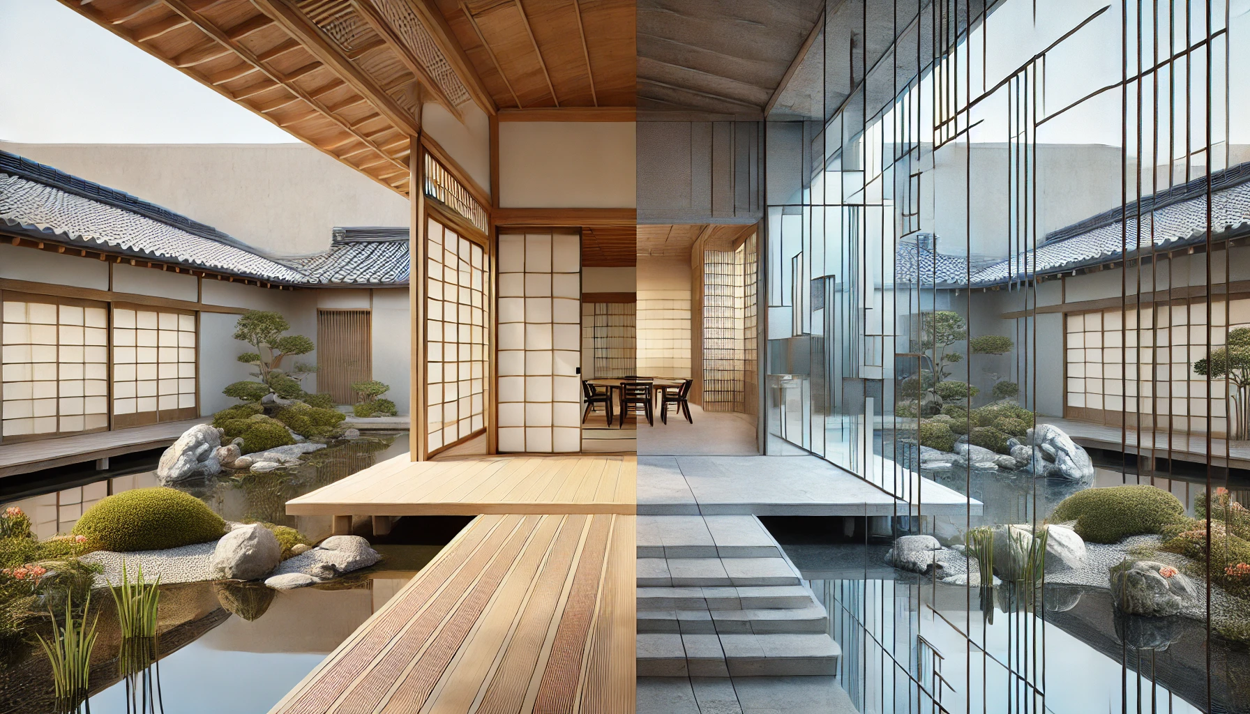 Japanese Engawa architecture showing a wooden veranda.