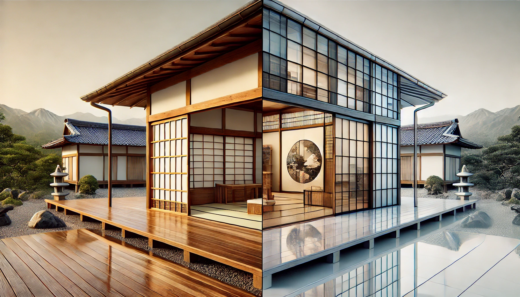 Split image of Japanese Engawa architecture with a hyper-realistic wooden veranda on one side and an abstract, geometric interpretation on the other.