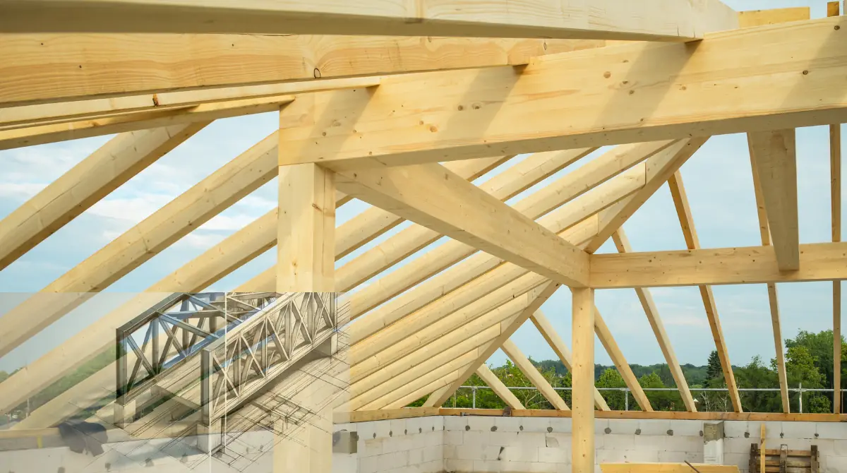 Technical illustration of Fink truss design considerations with load paths and member sizes.