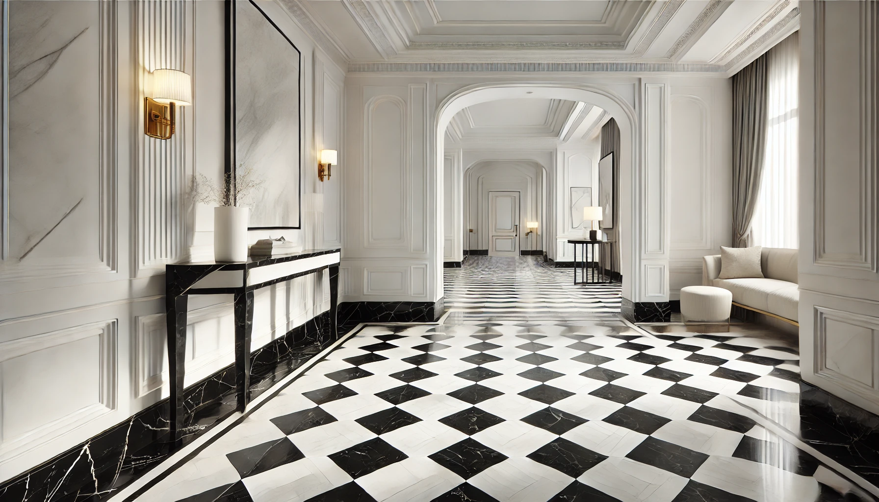  Entryway with black-and-white checkerboard marble flooring, clean white walls, and minimalistic decor.