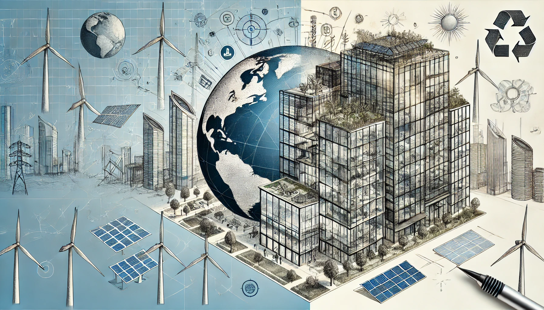 Global renewable energy solutions for commercial buildings with abstract designs and architectural sketches featuring solar panels and wind turbines