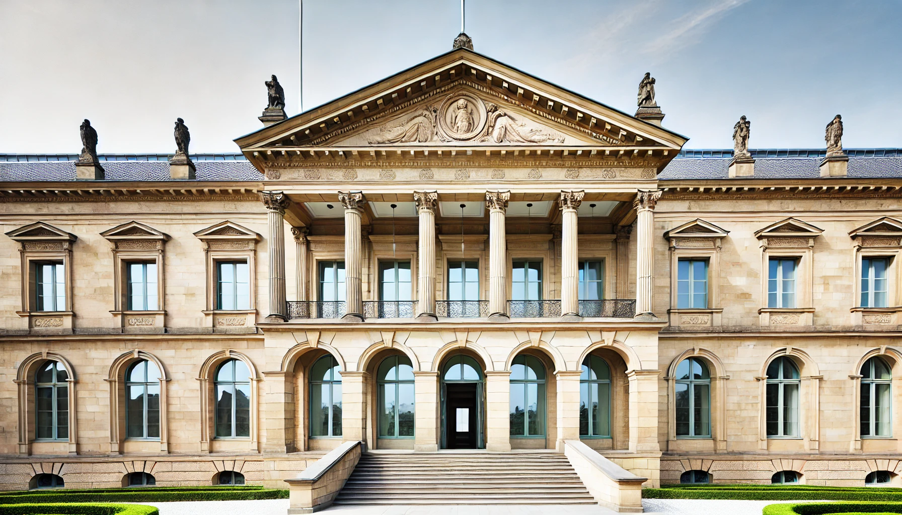 Neoclassical building exterior with Corinthian columns, detailed pediment, arched windows, and a landscaped garden with a fountain.