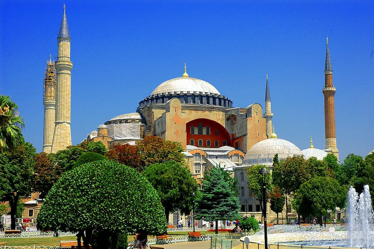 Hagia Sophia with Islamic design additions, including minarets.