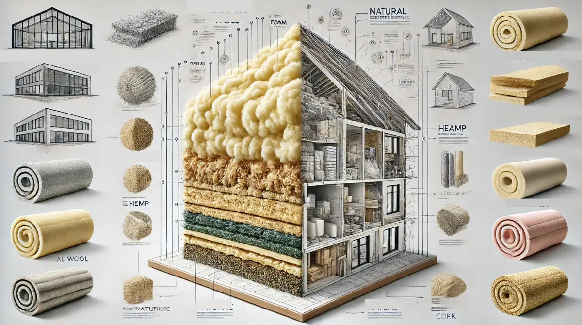Showing textures of materials like mineral wool, foam, fiberglass, hemp, and corkshowing.
