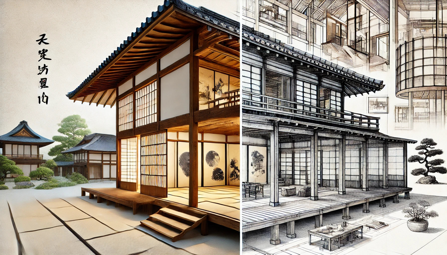 A view of traditional Japanese architecture with wooden pillars, shoji doors, and tatami mats.