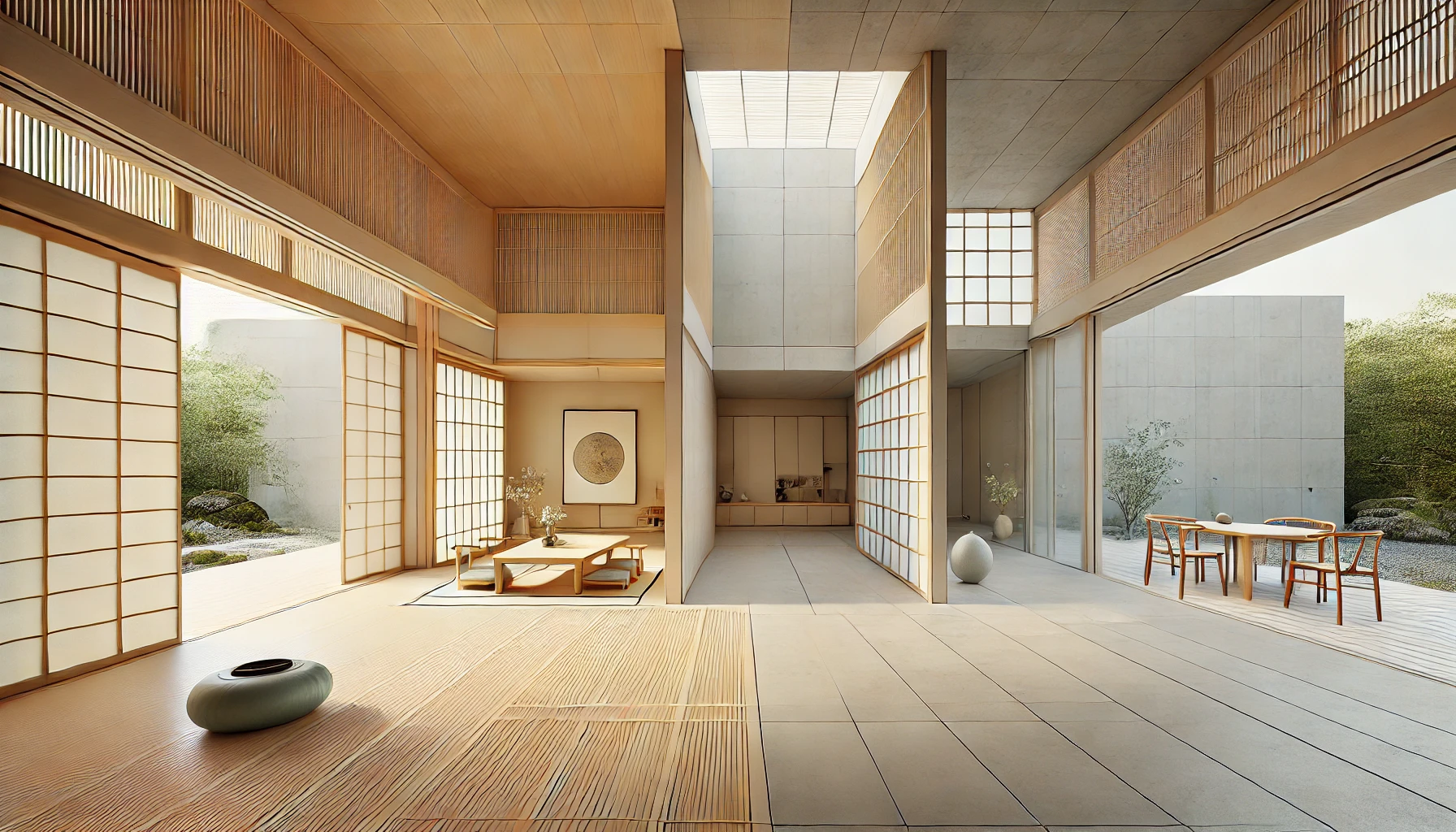 Japanese architecture showing a traditional minimalist interior with sliding shoji doors and a modern open space with sleek design.