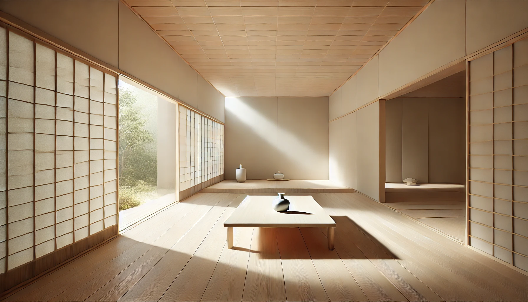 Minimalist Japanese room with a low wooden table, light floors, smooth walls, and large windows emphasizing negative space.