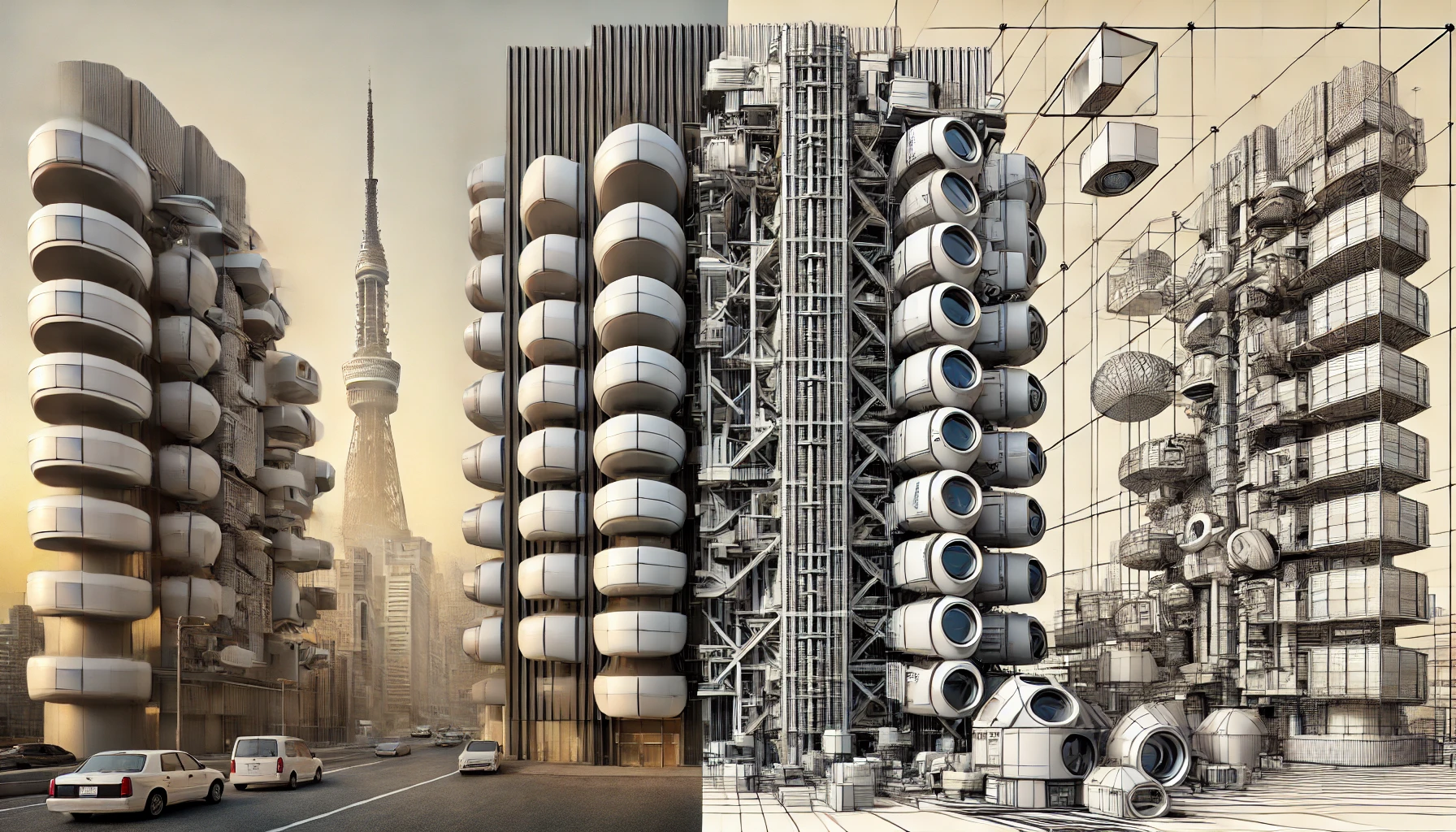Japanese Metabolism architecture showing hyper-realistic pod-like modular structures. 
