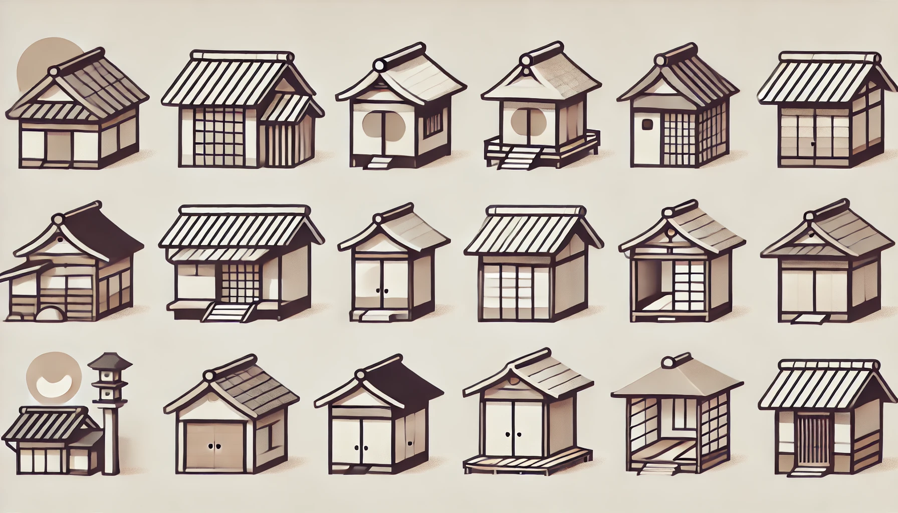 Types of traditional Japanese houses with tiled roofs, sliding shoji doors, and wooden pillars in a neutral color palette.