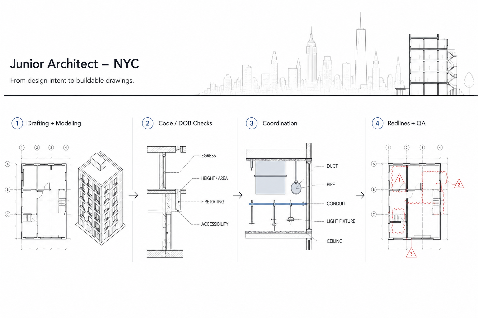 Junior architect NYC workflow showing drafting, code checks, coordination, and redline review.
