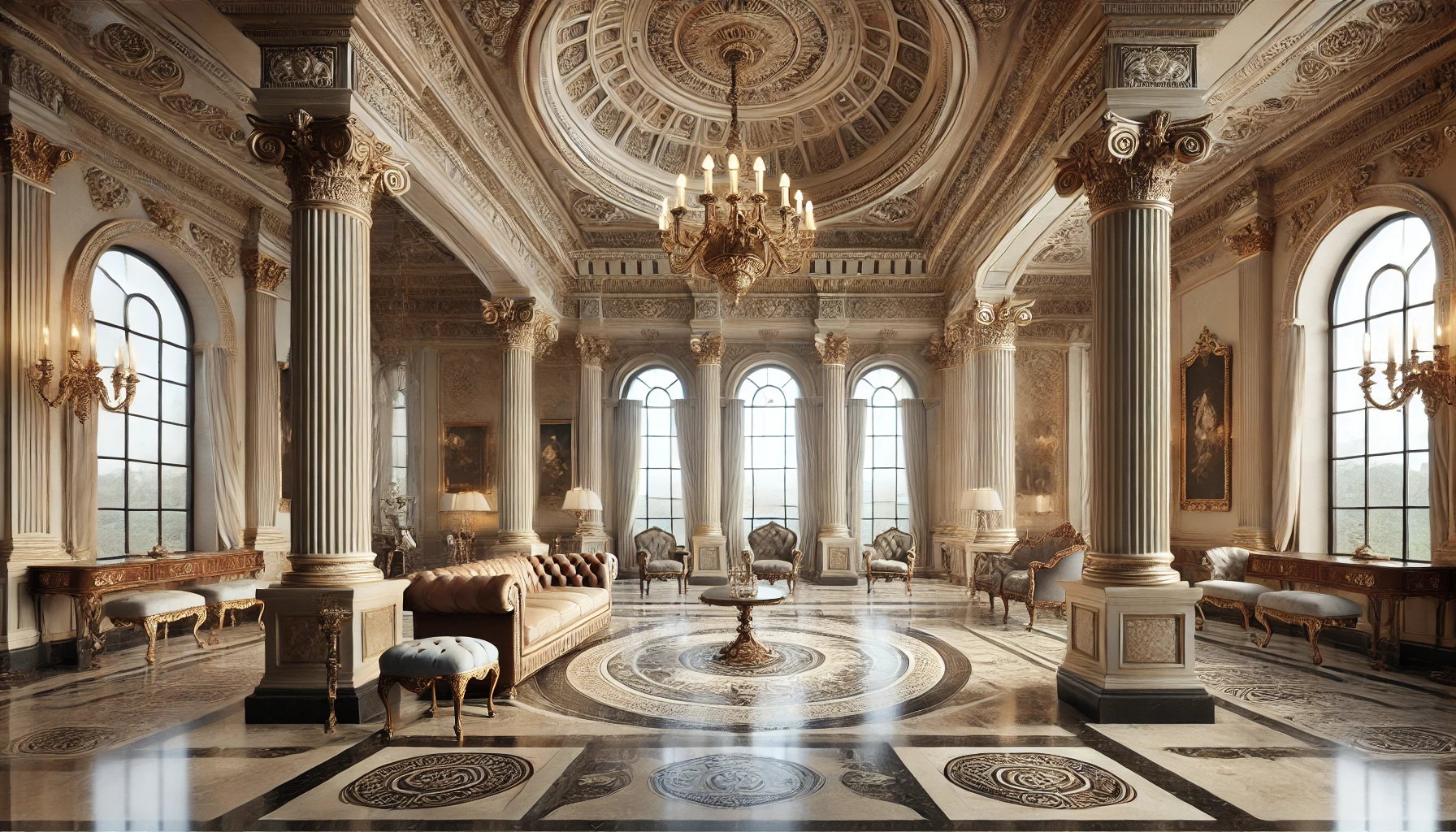 Luxurious neoclassical interior with Corinthian columns, a coffered ceiling, grand chandelier, and symmetrically arranged antique-style furniture.