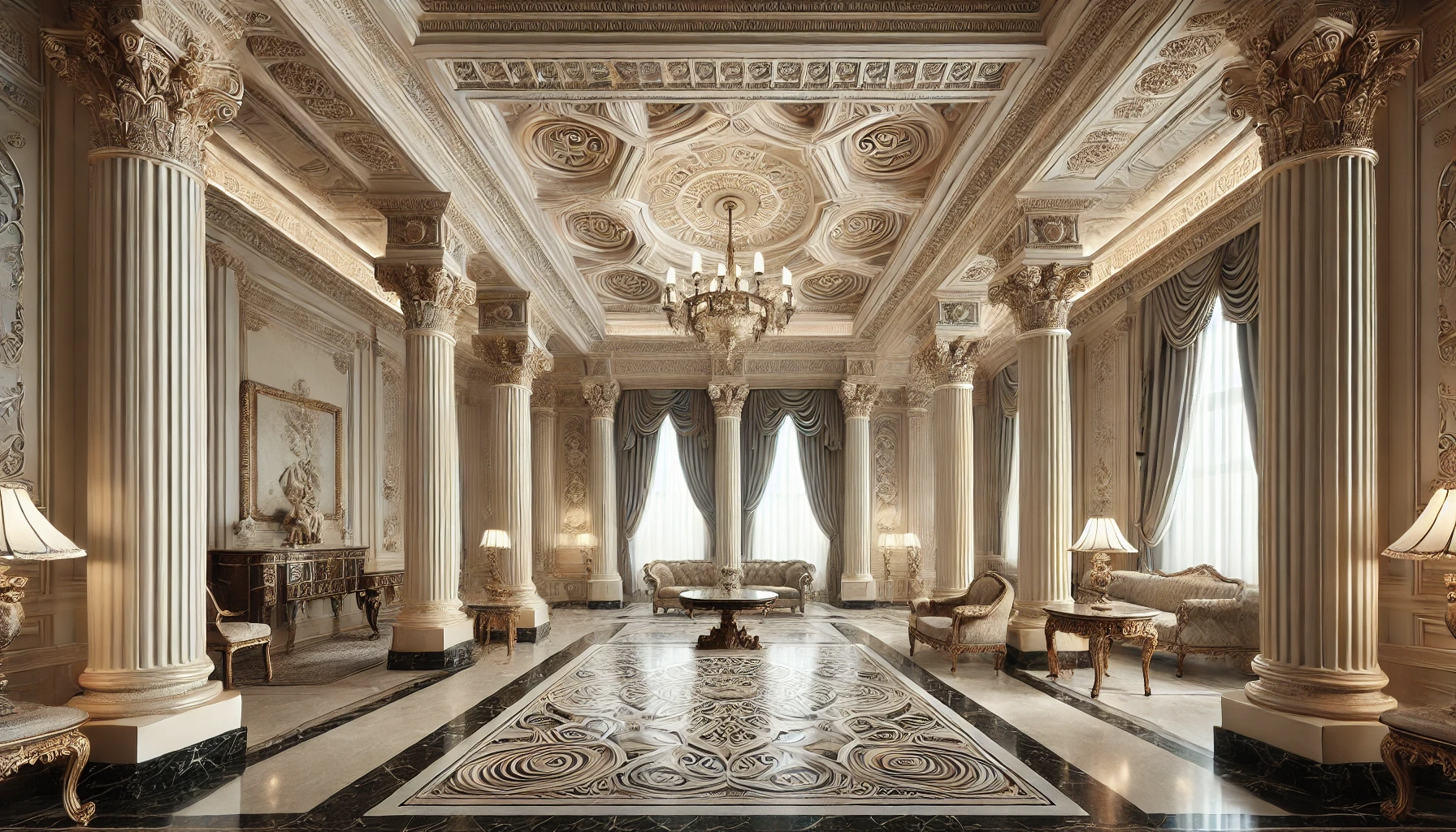 Luxurious neoclassical interior with Corinthian columns, coffered ceiling, chandelier, and symmetrical antique-style furniture.