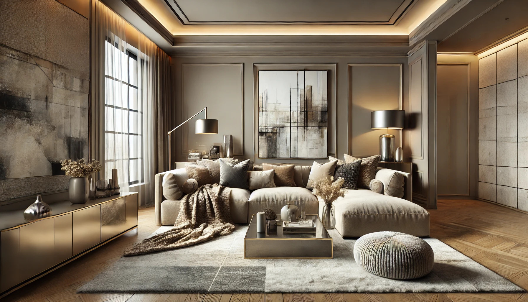 Luxurious transitional modern living room with taupe walls, beige sectional, wool rug, metallic accents, glass coffee table, and natural light.