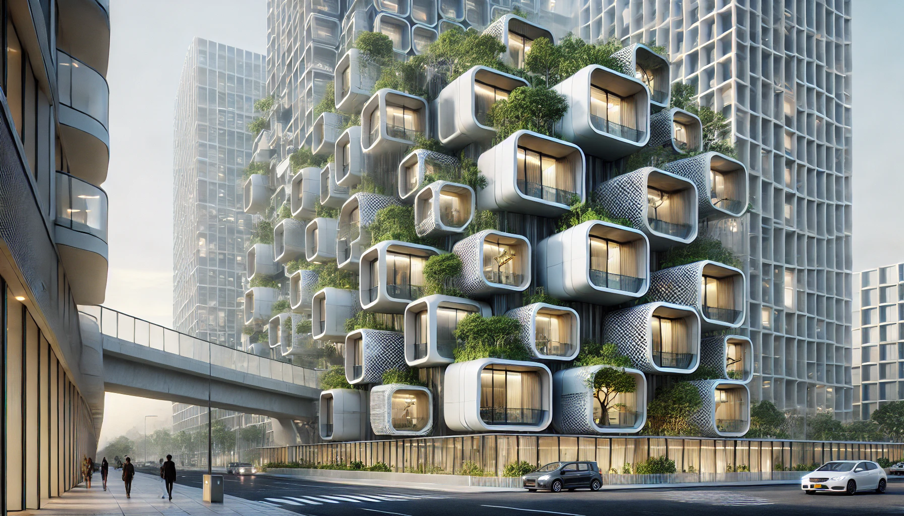A modular building showcasing Japanese Metabolism architecture principles with prefabricated units and integrated greenery.