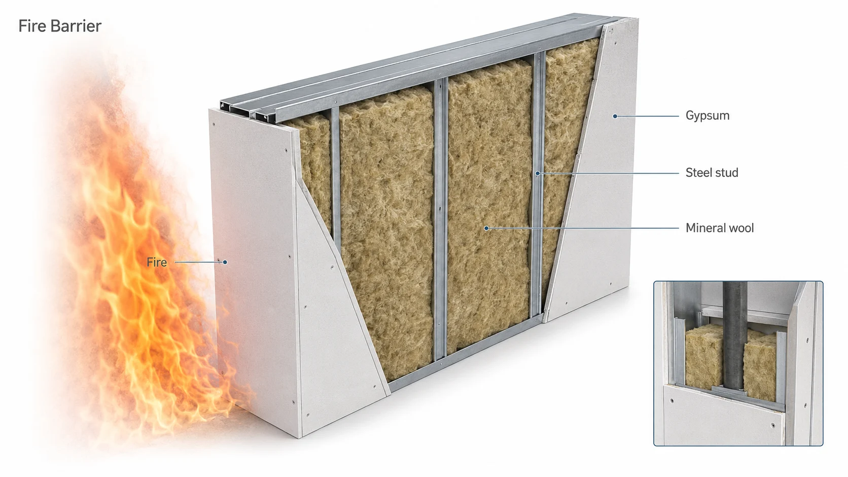 Mineral wool fire barrier inside a steel stud wall with gypsum board and fire exposure on one side.