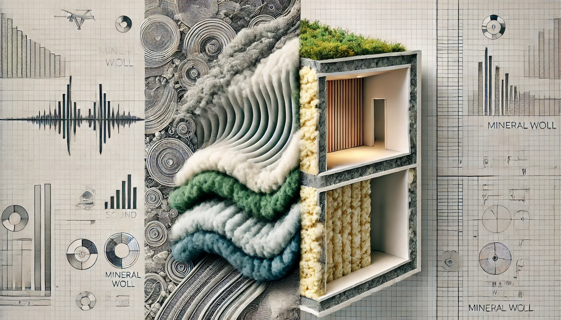 Illustrating mineral wool used for soundproofing, showing sound waves absorbed by mineral wool layers.