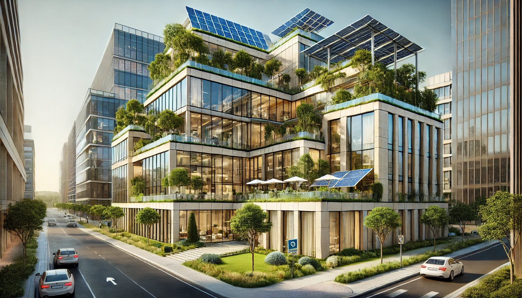 Modern building with solar panels, glass windows, and green rooftop gardens surrounded by landscaped pathways