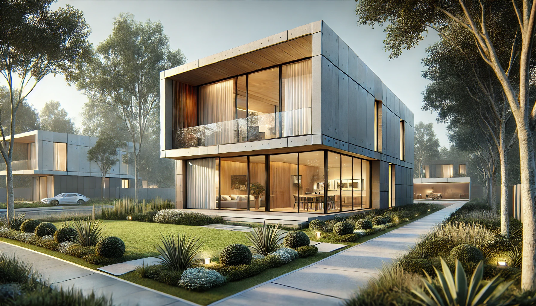  Modern prefab home with large glass windows, and flat roof.