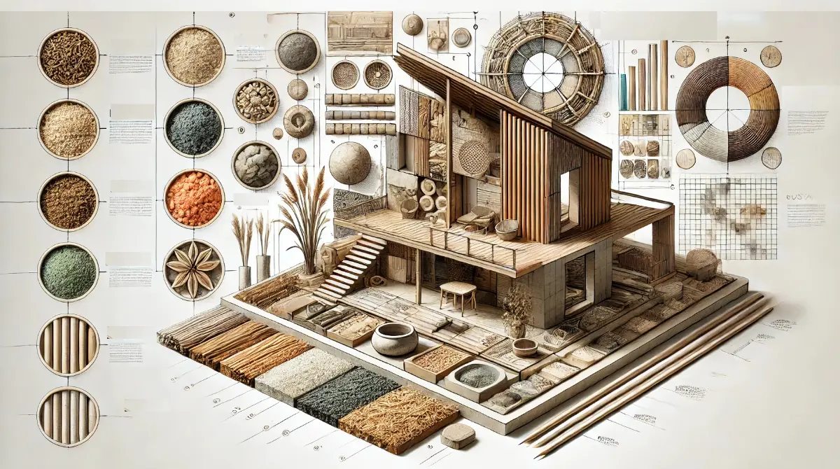 Showcasing textures of clay, straw, wood, and bamboo.