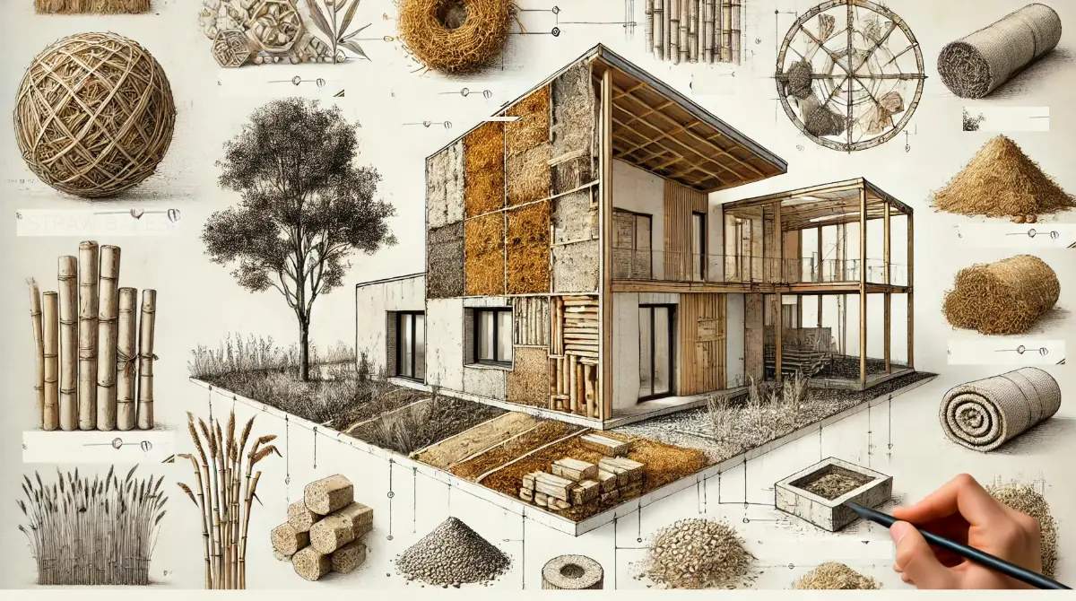 Illustrating natural building materials,showing textures of straw bales, bamboo, cob, and rammed earth.