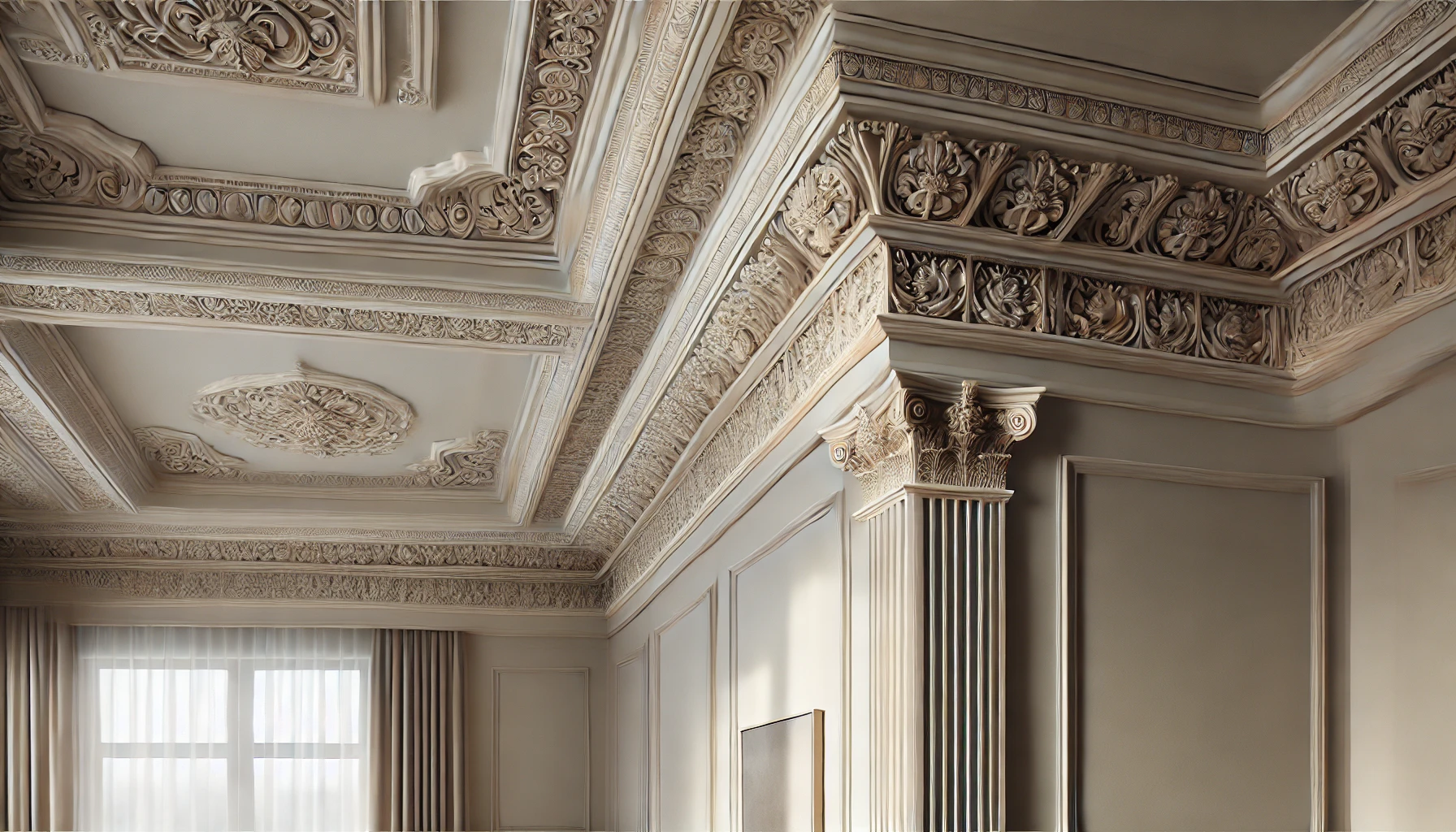 Neoclassical interior highlighting intricate floral and geometric crown moldings transitioning between walls and a coffered ceiling.