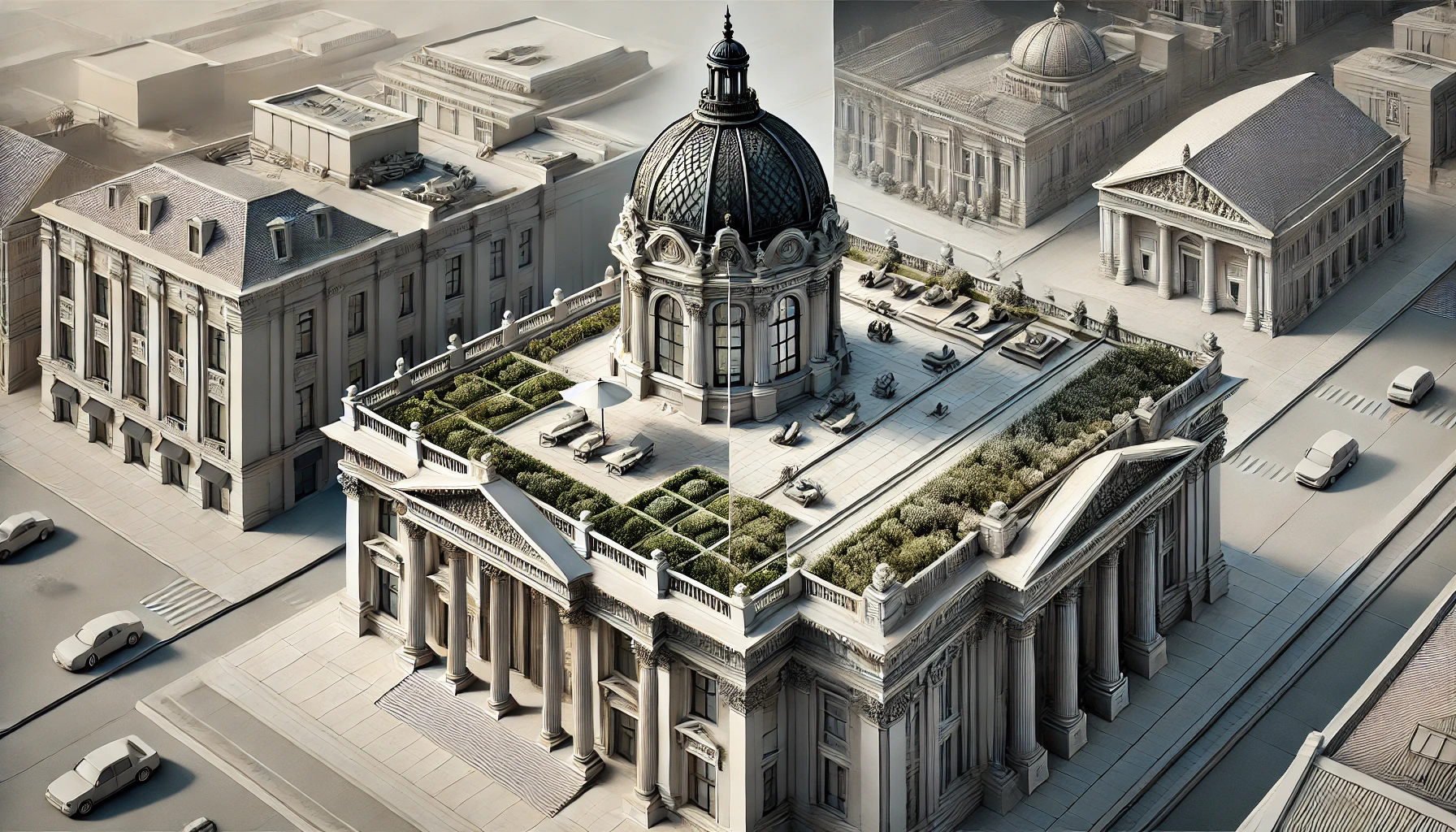 Neoclassical architectural comparison of a flat rooftop garden with classical details and a grand domed roof with ornate design.