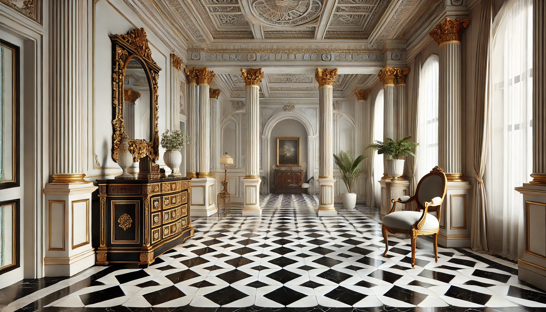 Neoclassical interior with black-and-white checkerboard marble flooring, Corinthian columns, and ornate crown moldings.