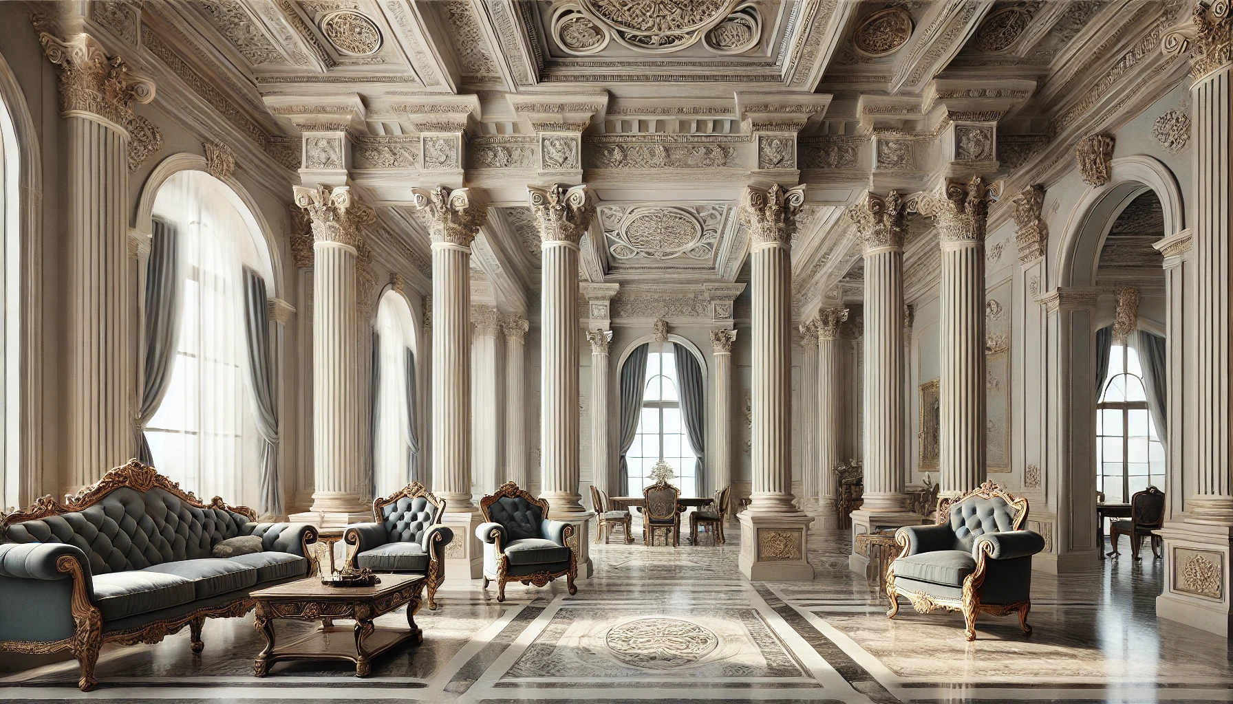 Luxurious neoclassical interior with Corinthian columns, coffered ceiling, and symmetrical furniture arrangement.