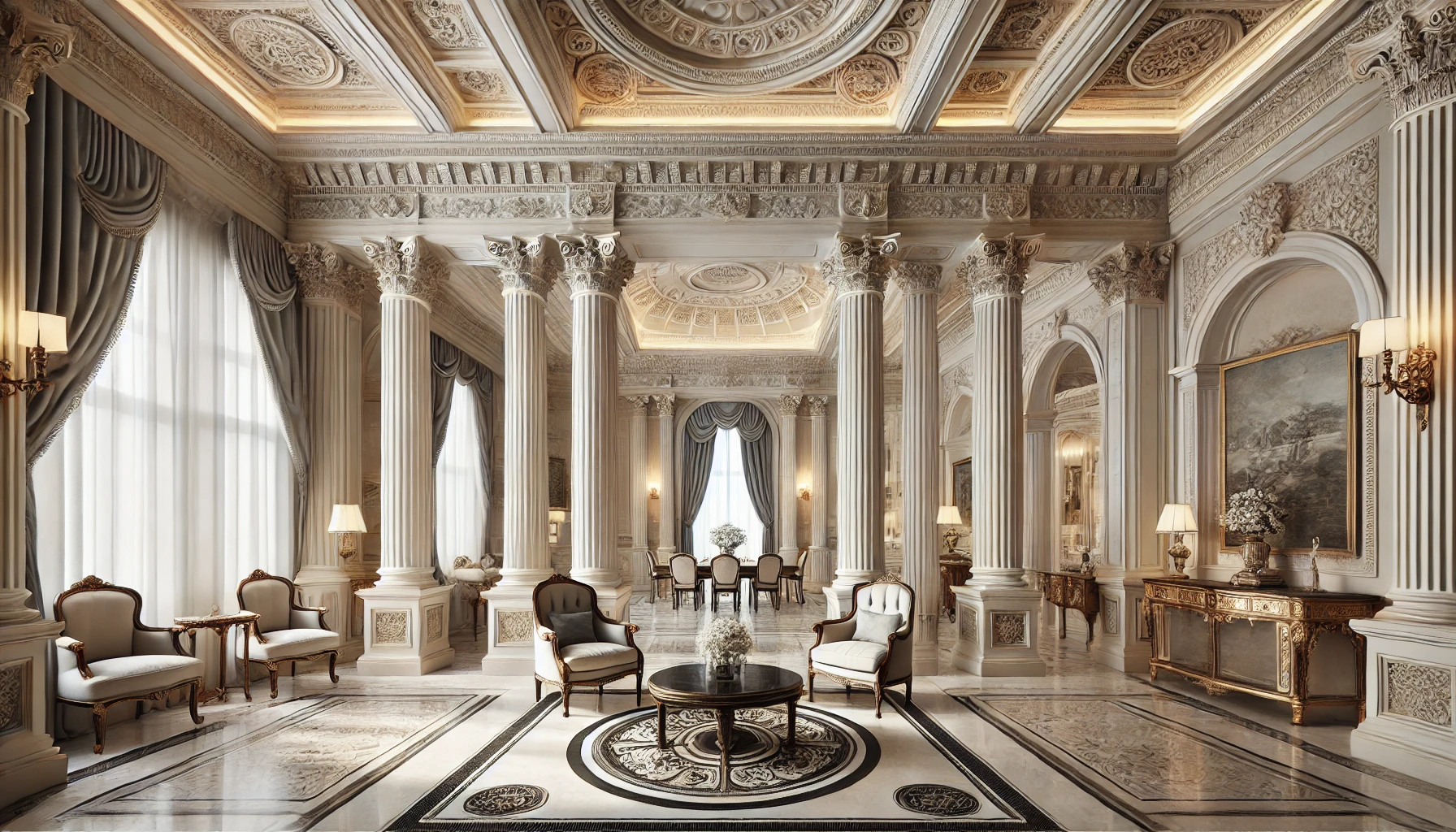 Neoclassical interior with Corinthian columns, coffered ceiling, symmetrical furniture, and arched windows.