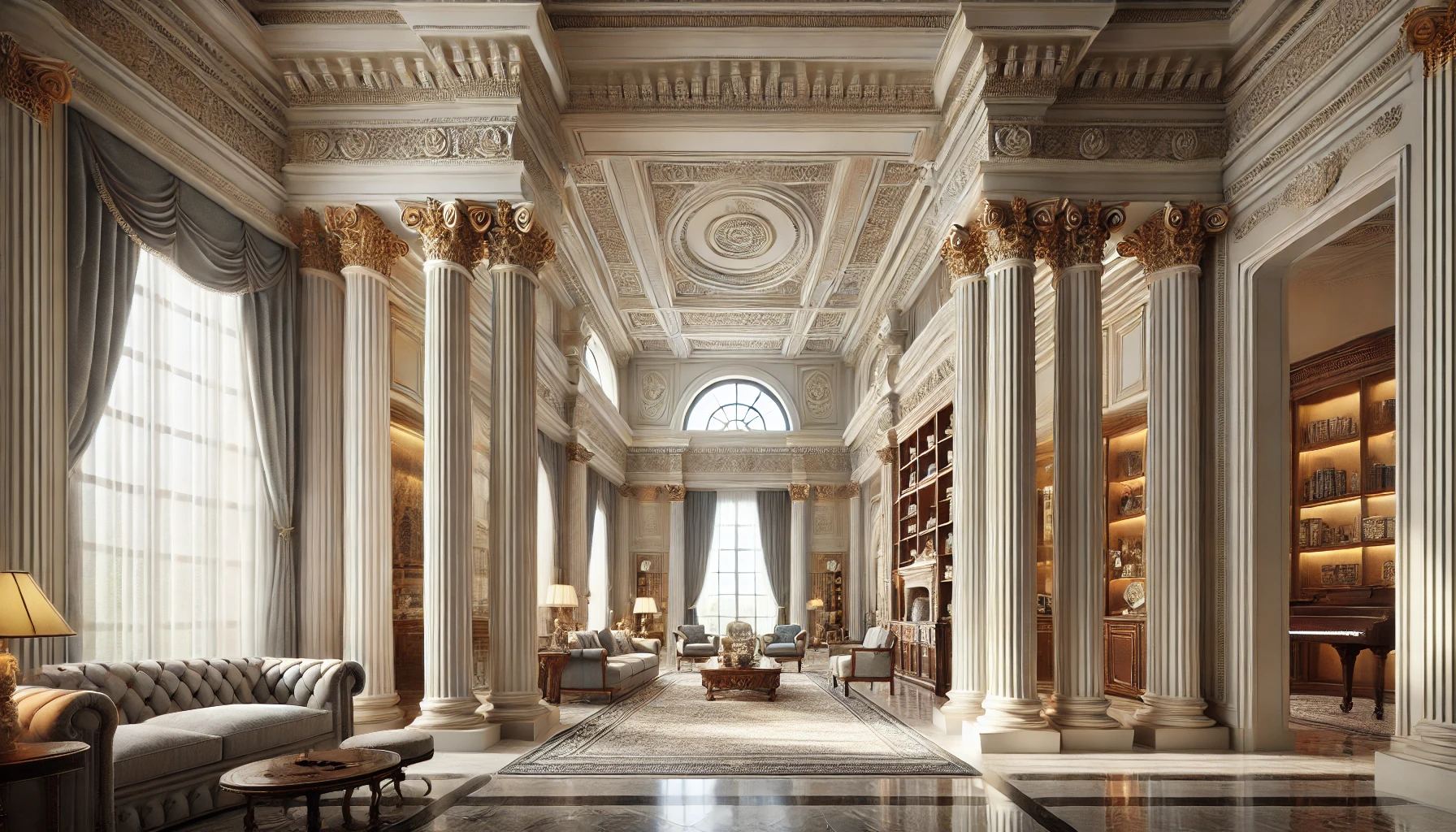 Neoclassical interior with Corinthian columns, grand fireplace, coffered ceiling, and symmetrical furniture arrangement.