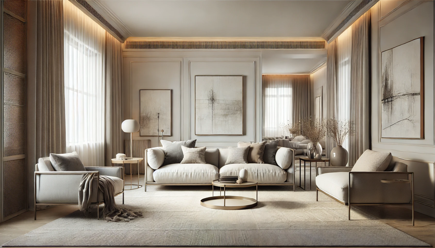 Transitional modern living room with neutral tones, featuring a taupe sofa, gray armchairs, a beige rug, and soft white walls.