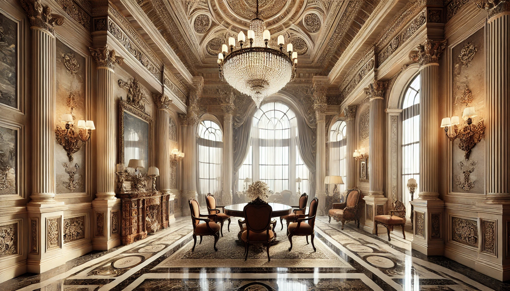 Opulent neoclassical interior with Ionic columns, a coffered ceiling, chandelier, and symmetrical carved furniture.