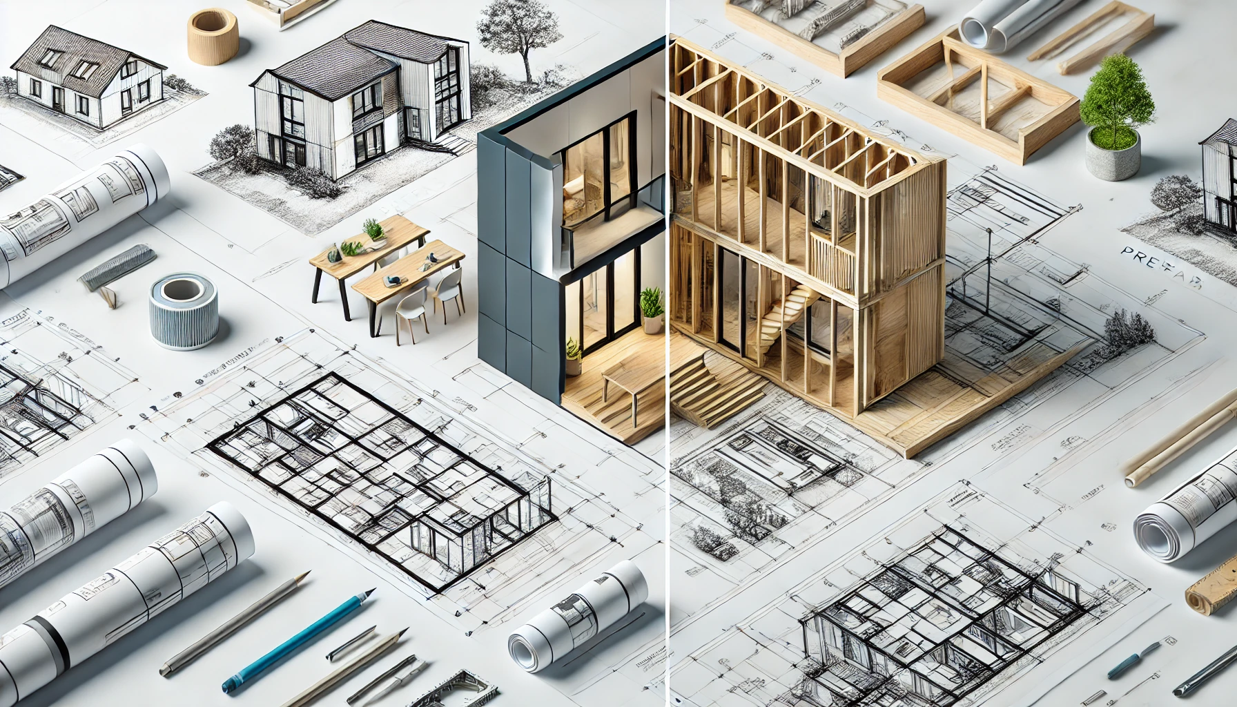 Comparison of prefab homes with modular panels and traditional construction with wooden frameworks.