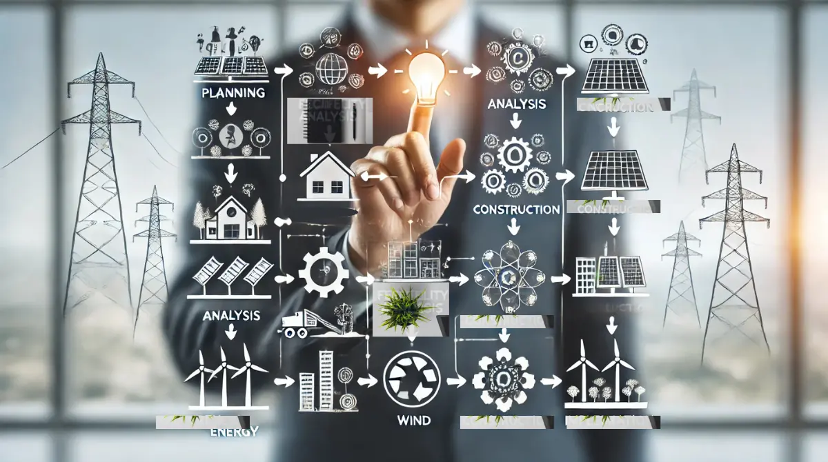 Steps for developing renewable energy projects with visuals of solar panels wind turbines and infrastructure systems