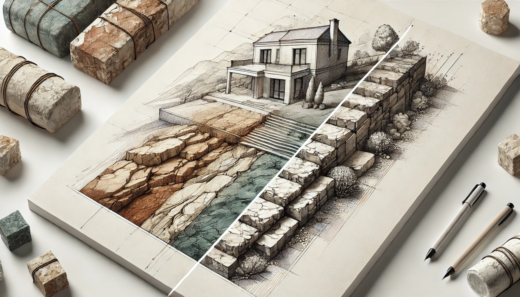 Showing textures of rough and polished stone.