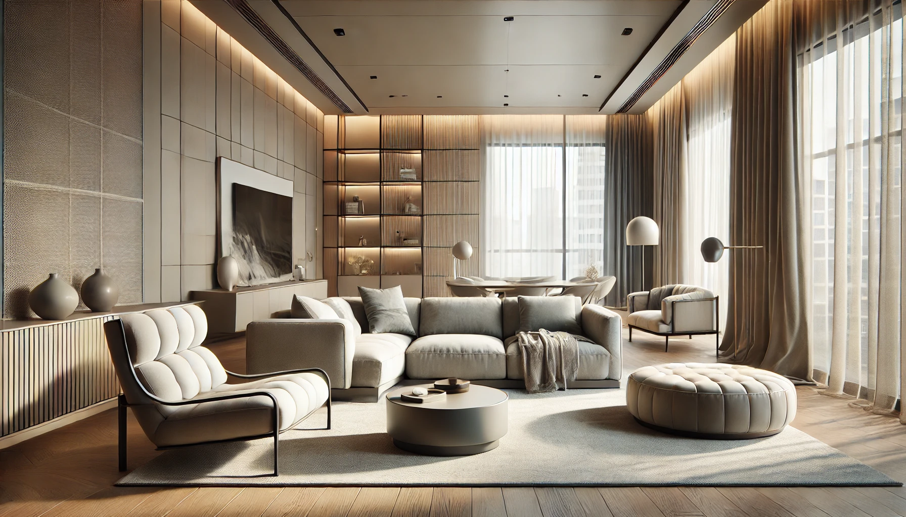 Transitional modern living room with streamlined furniture, including a sleek sofa, tufted armchair, curved accent chair, and neutral tones.