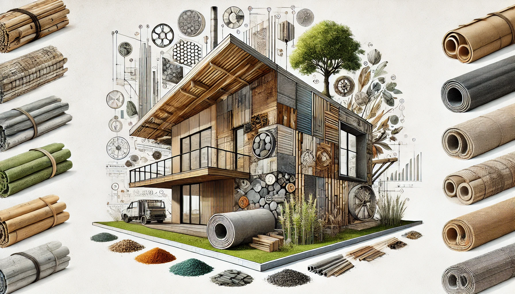 Illustrating sustainable building materials textures of bamboo, recycled steel, rammed earth, and reclaimed wood.