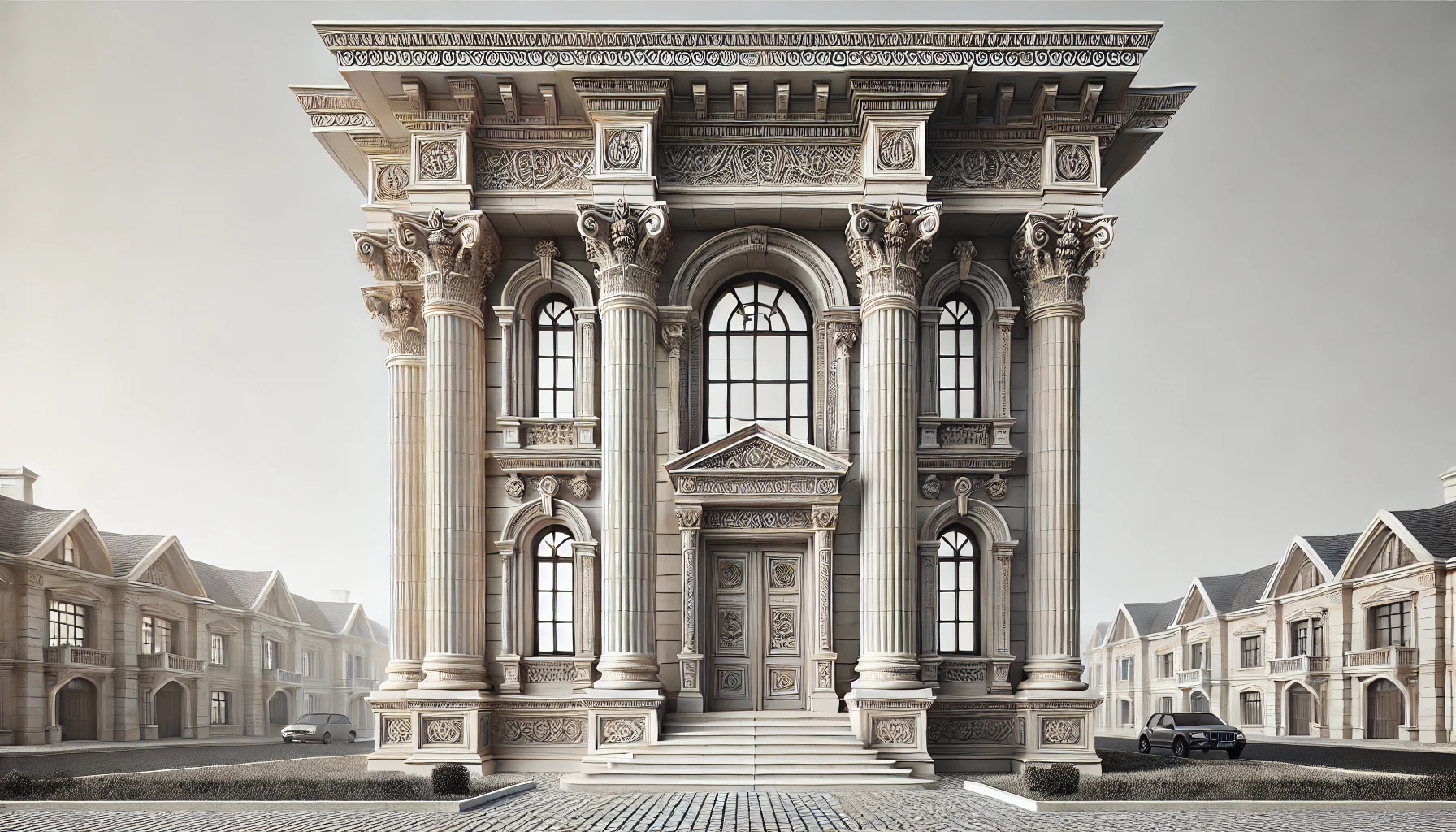 Neoclassical facade with symmetrical Corinthian columns, arched windows, and a triangular pediment.