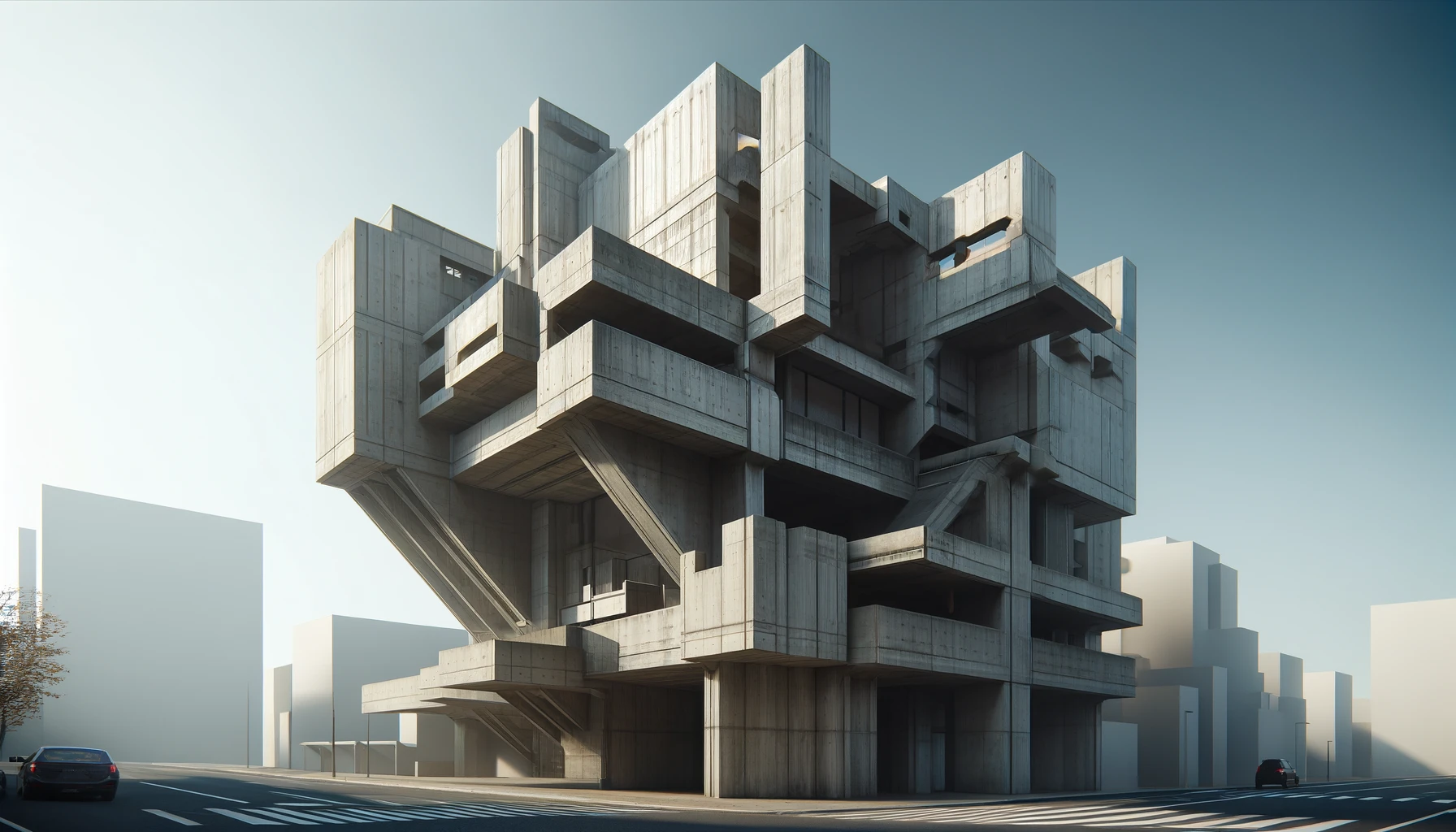 Tokyo brutalist building with raw concrete surfaces, bold geometric forms, and a minimalistic urban backdrop.