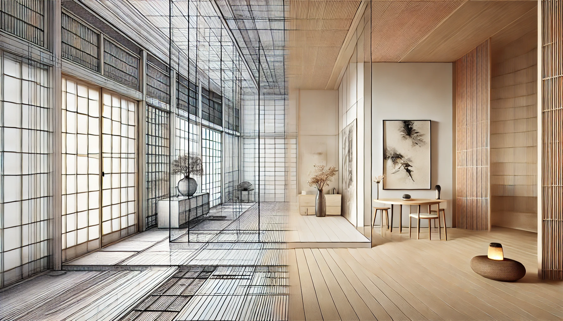 Japanese architecture featuring a realistic minimalist interior on the left and an abstract, reflective design on the right.
