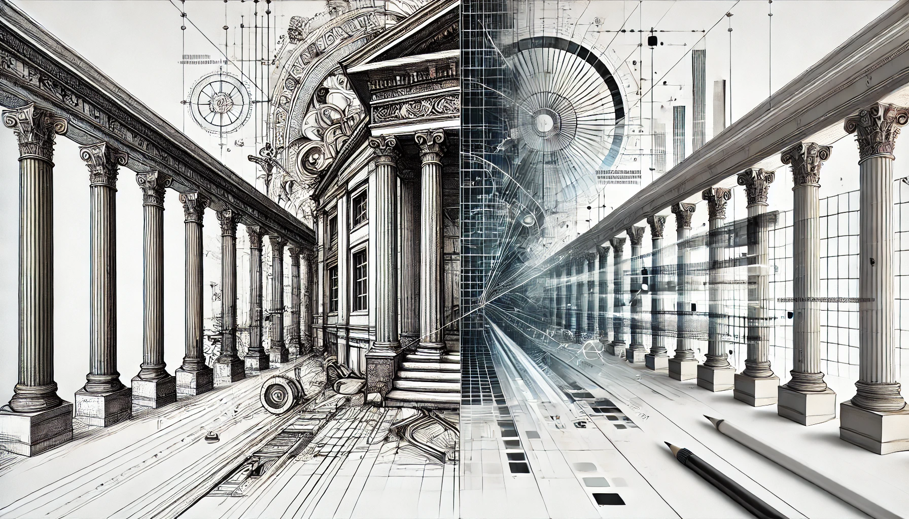 Abstract image contrasting traditional hand-drawn architectural elements with futuristic digital renderings.
